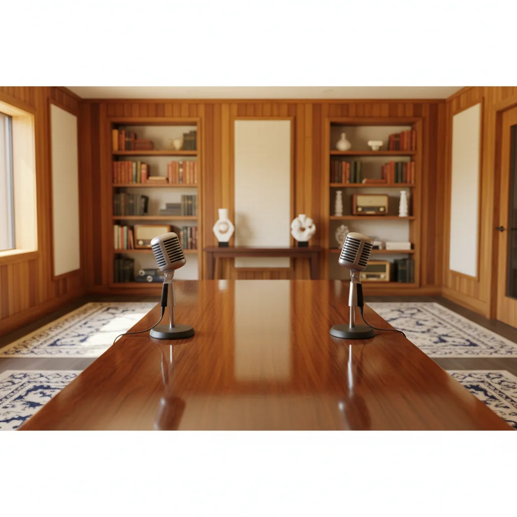 Podcast studio-interieur, warm verlicht