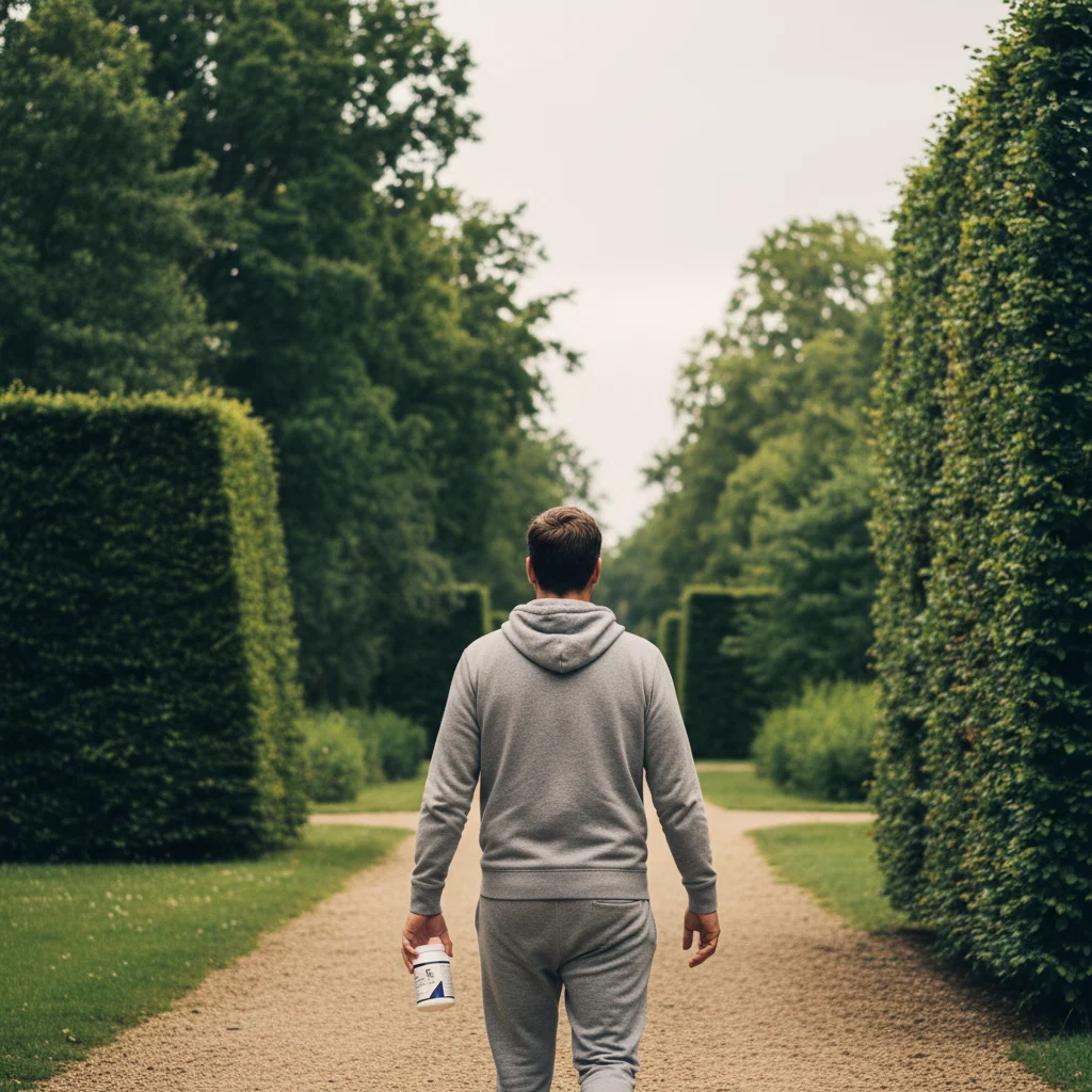 Anonieme actieve man van achteren in een park, met een voedingssupplement aan zijn zijde - actieve leefstijl mannen 50 plus